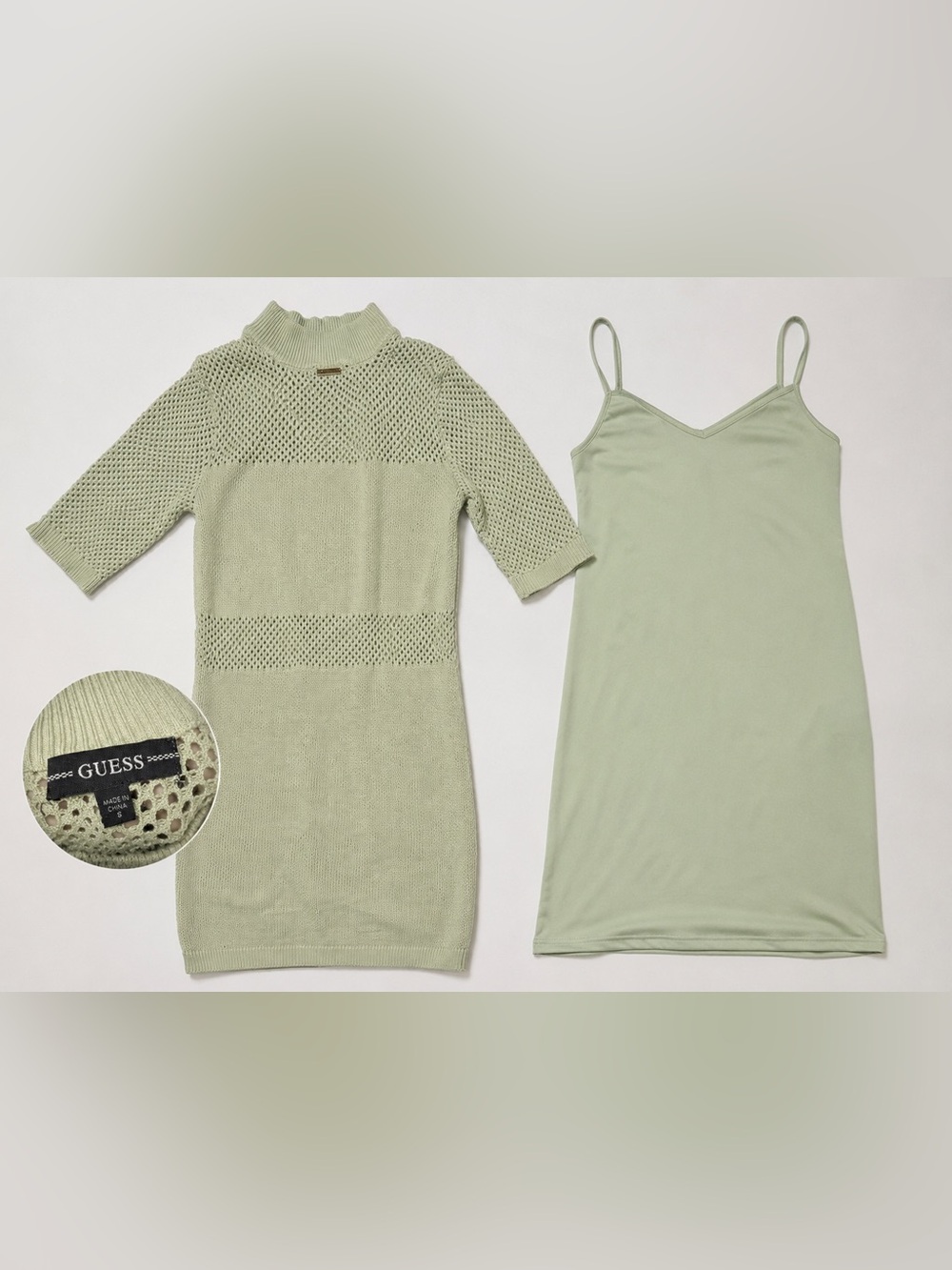 Guess Sage Green Knit Overlay Mini Dress with Slip
